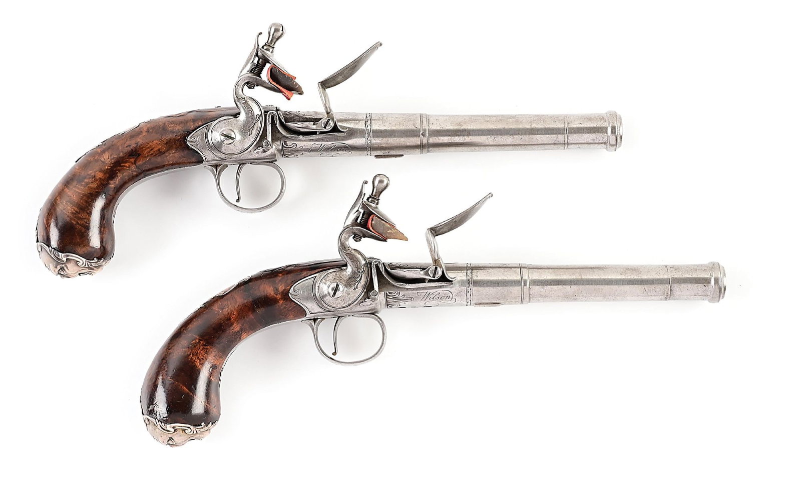 (A) PAIR OF FINE ENGLISH QUEEN ANNE STYLE FLINTLOCK OFFICER'S PISTOLS BY RICHARD WILSON. (1 of 19)