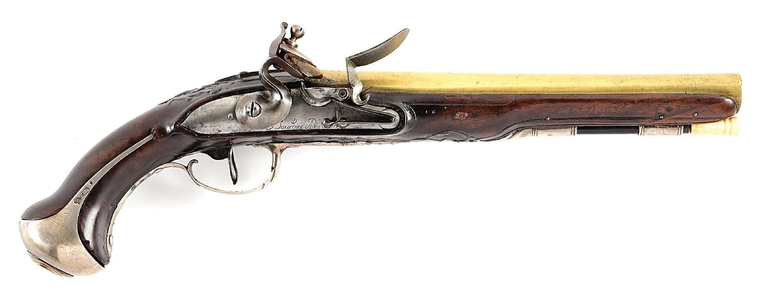 (A) FRENCH SILVER MOUNTED FLINTLOCK PISTOL BY BOURDIEC. (1 of 18)