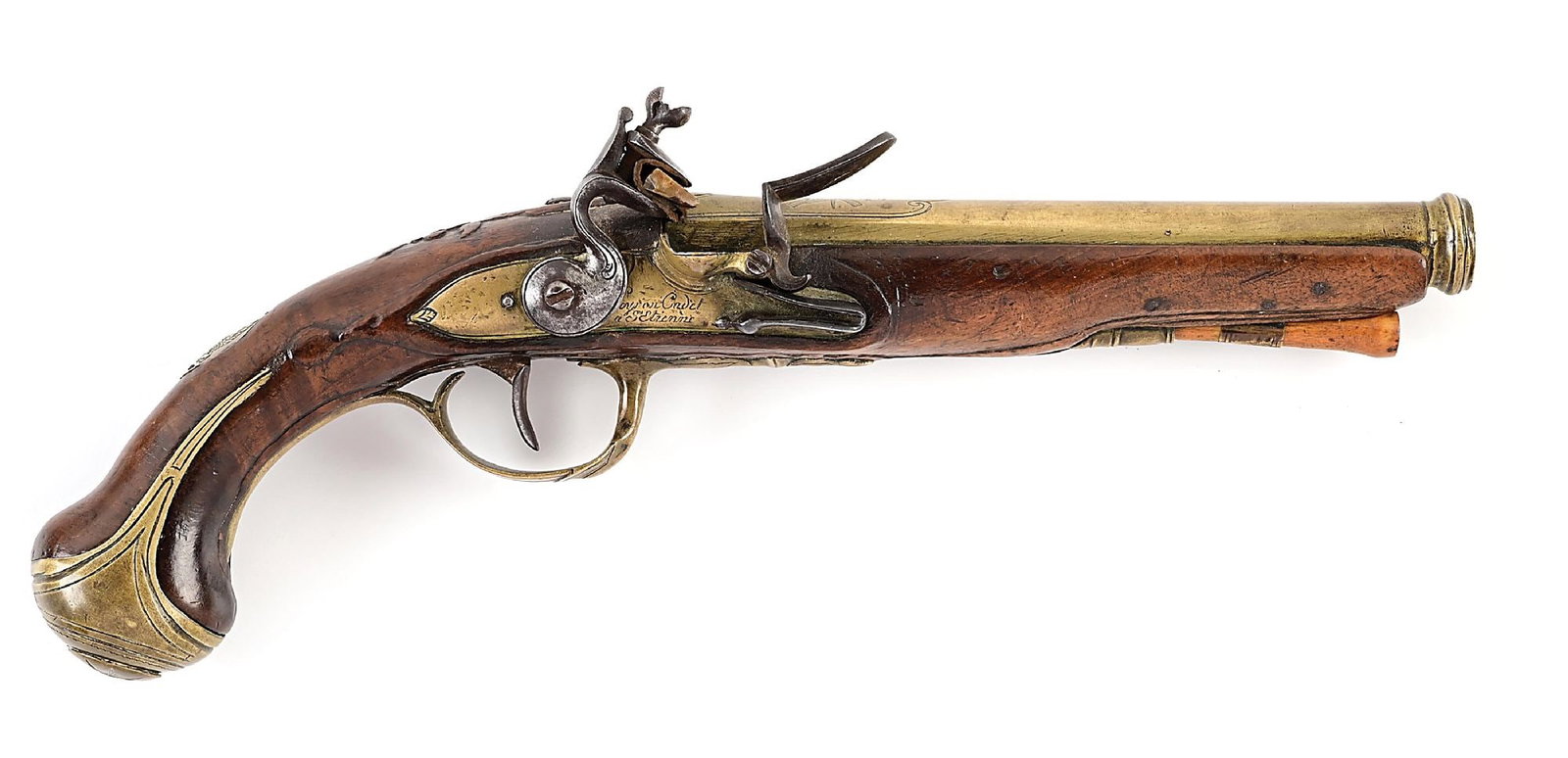 (A) FRENCH BRASS BARREL FLINTLOCK PISTOL, EX. TOM GRINSLADE.: This circa 1750 pistol has a tapered brass barrel with turned cannon muzzle and a large engraved panoply of arms in the center, towards breech. The brass lockplate features a brass pan and is inscribe