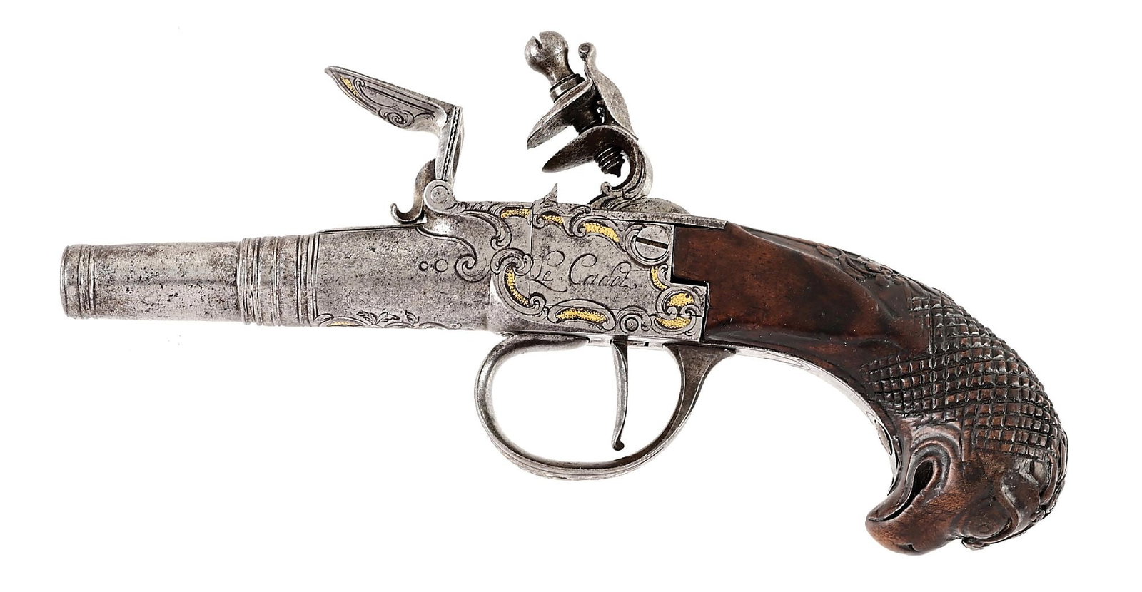 (A) FINE SMALL FRENCH BOXLOCK PISTOL BY SOVICHE LE CADET WITH EAGLE HEAD GRIP.: This fine high-quality circa 1750-1770 pistol has a multi-ringed tapered barrel. The bottom is chiseled and engraved with floral scrolls. There are inlaid gold accents applied on stippled areas. The s