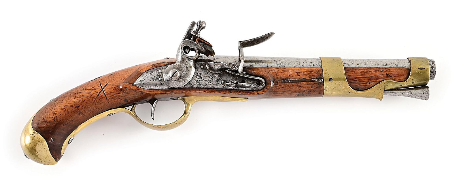 (A) RARE REVOLUTIONARY WAR FRENCH MODEL 1763/73 FLINTLOCK HORSEMAN'S PISTOL: This rare model can be seen as plate 23.PP on page 254 of George Neumann's "Battle Weapons of the American Revolution". This model was definitely one of the pistols supplied by France to the American