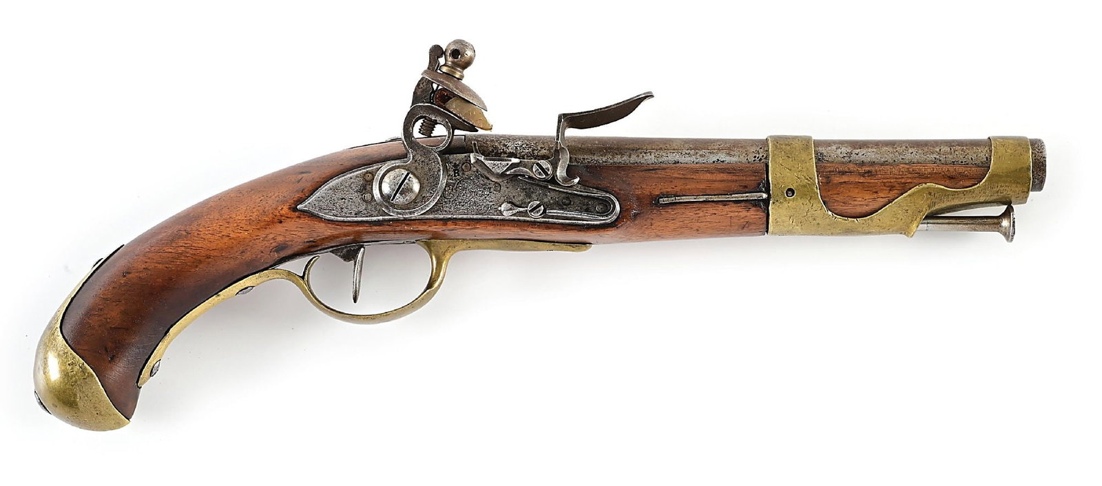 (A) SCARCE FRENCH MODEL 1763/66 FLINTLOCK HORSEMAN'S PISTOL BY MAUBEUGE.: For an identical example, see plate 22.PP on page 253 of "Battle Weapons of The American Revolution" by George C. Neumann. He states that this was probably the most common pistol supplied by France to