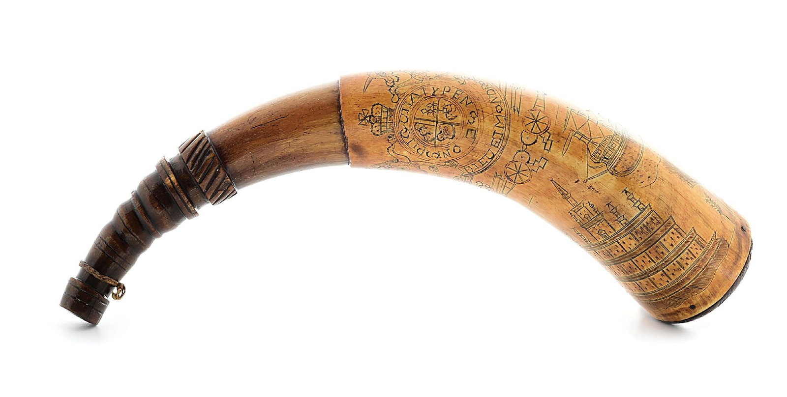 ENGRAVED FRENCH AND INDIAN WAR PERIOD POWDER HORN ATTRIBUTED TO THE FOLKY ARTIST AND LATER DATED: This horn is accompanied by a wire museum display stand. The horn measures about 12" across the bow. The spout section has a series of turnings and engraved lines followed by a gadrooned section. The