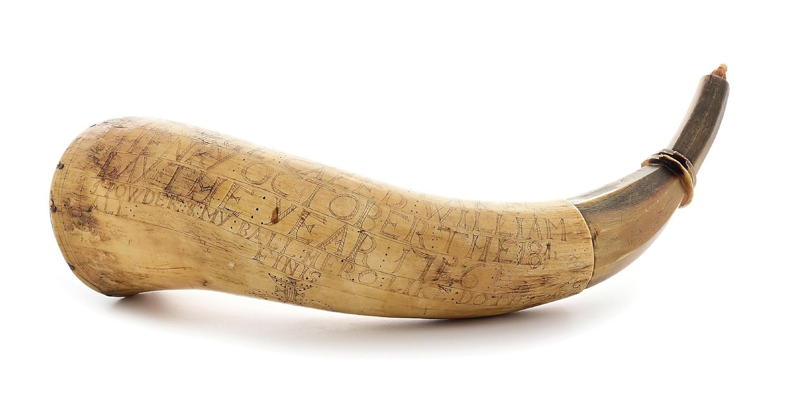 ENGRAVED FRENCH AND INDIAN WAR FORT WILLIAM HENRY POWDER HORN OF JOHN LANPHIER DATED 1756.: Lanphier is probably the John “Lanphere” with 1757 and 1759 (and possibly 1762) service in the Rhode Island Provincials recorded in Chapin’s rosters, which note that payrolls for onl