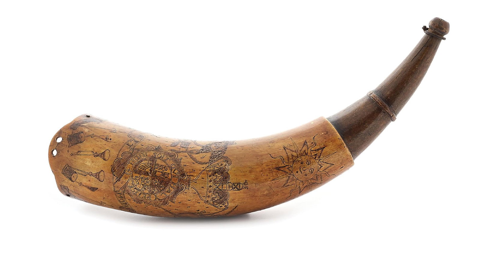 FINELY ENGRAVED FRENCH AND INDIAN WAR ERA POWDER HORN ATTRIBUTED TO THE POINTED TREE CARVER. (1 of 17)
