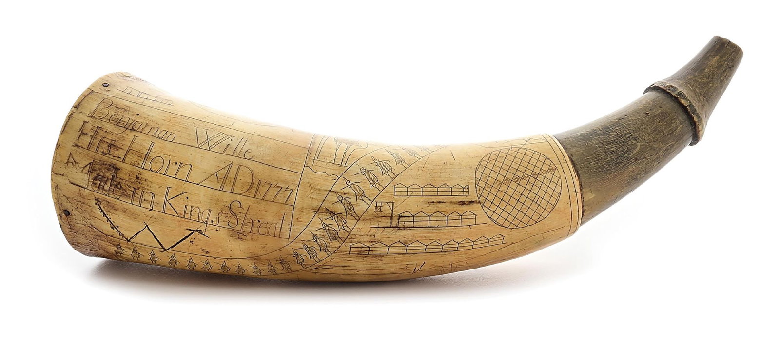 ENGRAVED REVOLUTIONARY WAR POWDER HORN OF BENJAMIN WILLE INSCRIBED LIBERTY AND PROPERTY NO STAMP ACT (1 of 14)