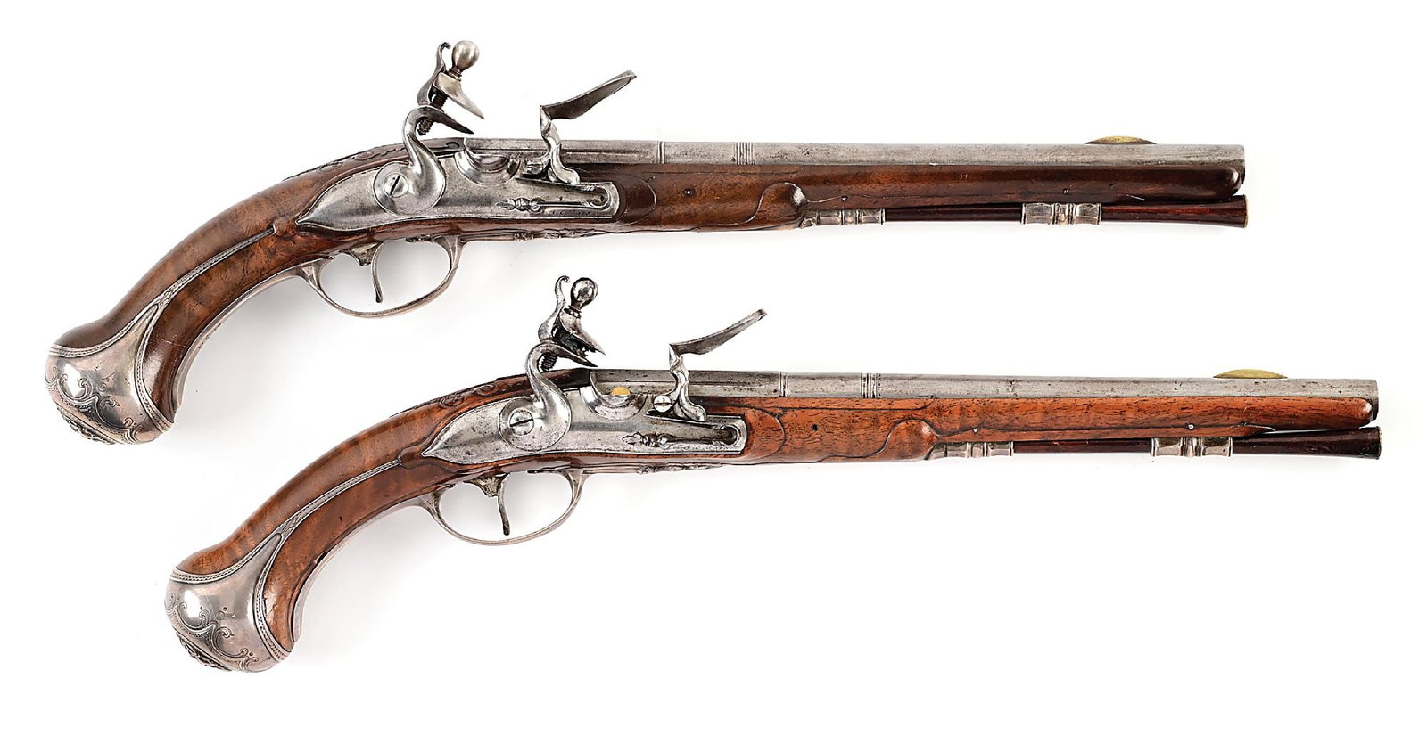 (A) PAIR OF REGIMENTALLY MARKED SILVER MOUNTED GERMAN FLINTLOCK OFFICER'S PISTOLS BY SAPS. (1 of 17)
