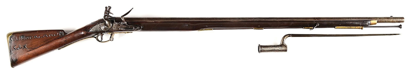 (A) BRITISH SHORT LAND PATTERN 1779-S MUSKET WITH BAYONET: This is of the so-called "Emergency S" Pattern Brown Bess muskets supplied by Pratt during the Revolutionary War, this example went to Canada for use at some time. Musket is fit with a Short Land leng