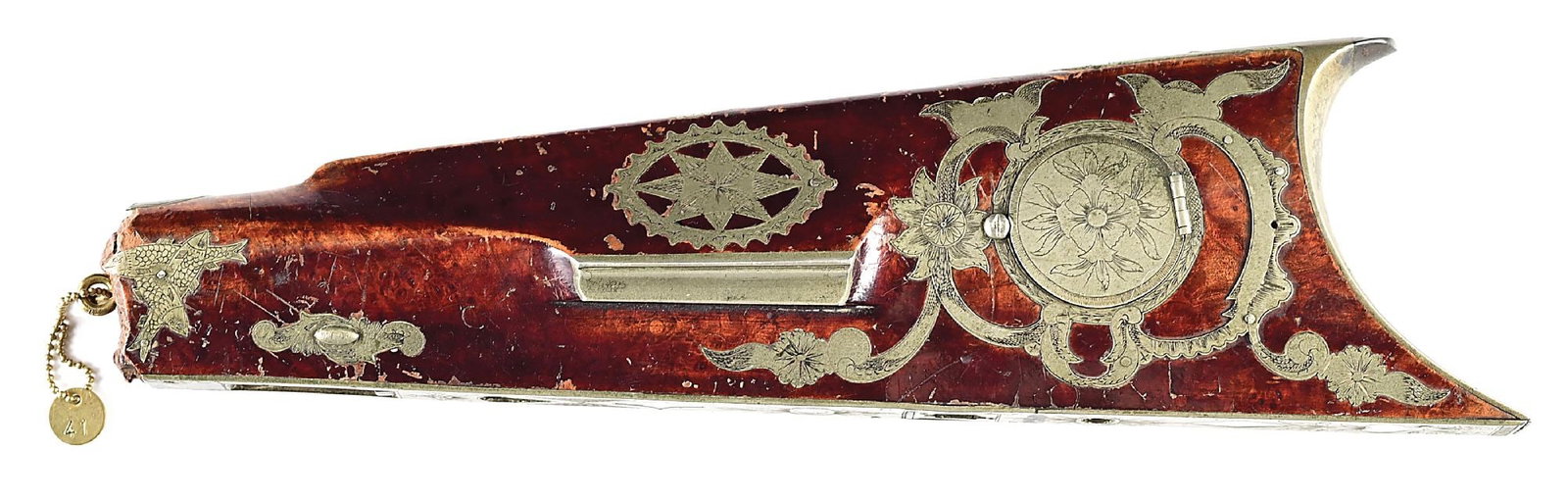 EXTRAORDINARY PATRIOTIC BUTTSTOCK FROM LEHIGH KENTUCKY RIFLE.: Probably Jacob Kuntz, Lehigh County, Pennsylvania. This buttstock would be either a great restoration or just a great sculpture hanging up or in a shadow box. This fine rifle stock fragment measures 1