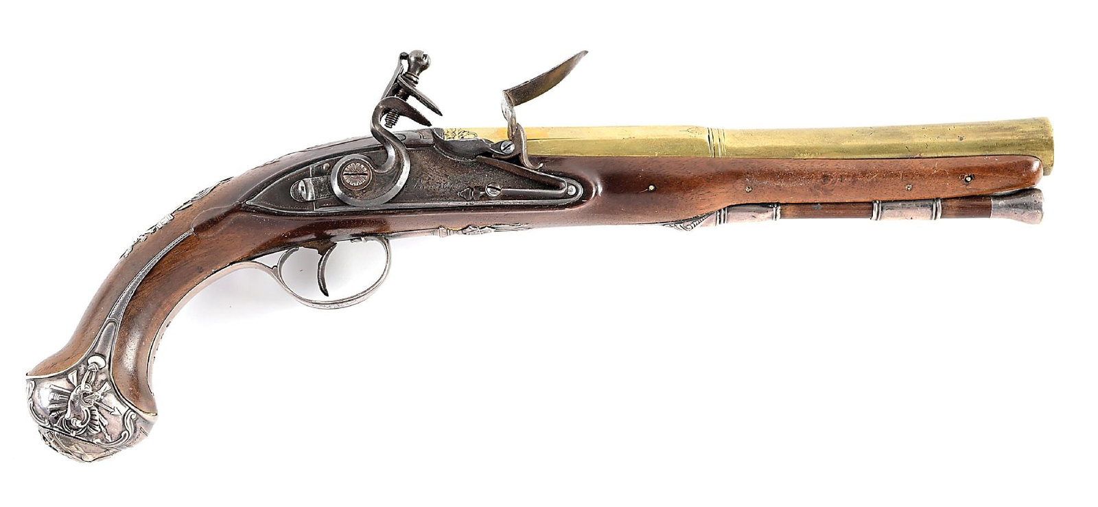 (A) SILVER MOUNTED FLINTLOCK OFFICERS PISTOL BY BRANDER. (1 of 17)
