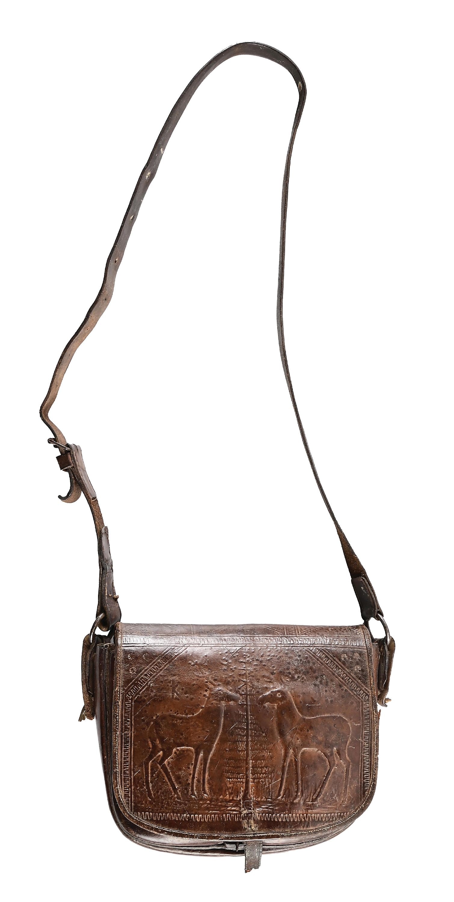 FINELY DECORATED LATE 18TH CENTURY HUNTING BAG.: This is probably one of the most well decorated 18th century hunting bags known to exist. the bag measures about 8" x 10-1/2". The front flap is embossed with two buck standing face to face, separated