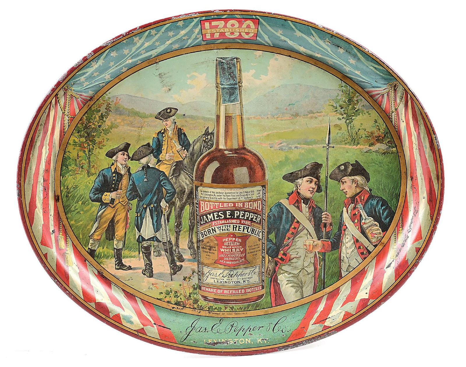 JAMES E. PEPPER & CO. WHISKEY TRAY.: Pre-prohibition circa 1900s - 1910s patriotic themed Revolutionary War scene whiskey tray from James E. Pepper Distillery - Lexington, Kentucky. Manufactured by the America Art Works marked on the bot