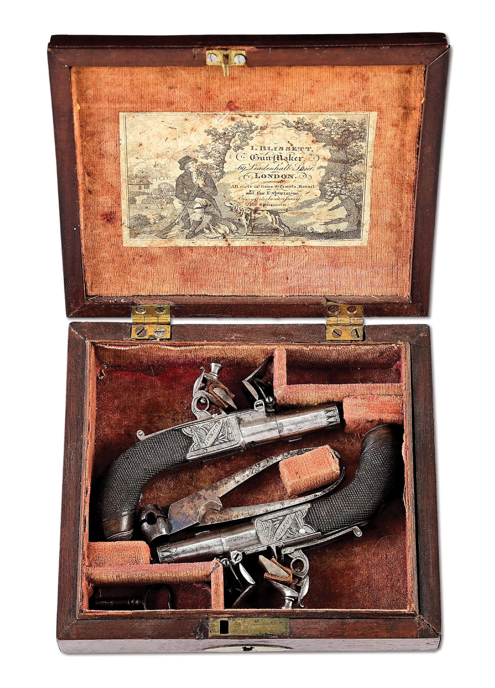 (A) FINE AND RARE CASED PAIR OF MINIATURE ENGLISH FLINTLOCK PISTOLS BY JOSEPH BLISSETT. (1 of 14)