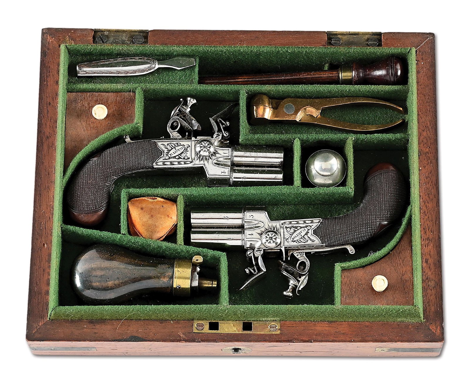 (A) FINE CASED PAIR OF DIMINUTIVE BRITISH FLINTLOCK TAP-ACTION POCKET PISTOL BY BARTON.: According to "Gunmakers of London: 1350 - 1850" by Howard L. Blackmore, John Barton was listed as a gunmaker at 14 Haymarket St. between 1803 and 1816 and then at 5 St. James St. between 1816 and 1819