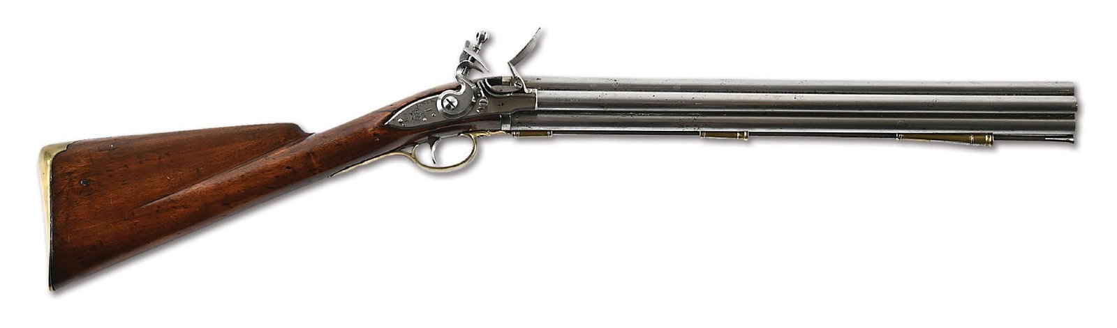 (A) ROYAL NAVY 1780 PATTERN TOWER FLINTLOCK NOCK SEVEN BARREL VOLLEY GUN.: These guns were produced in extremely limited numbers by Henry Nock, after a certain James Wilson submitted the design to the Board of Ordnance. While the design was dismissed for Army use, there was