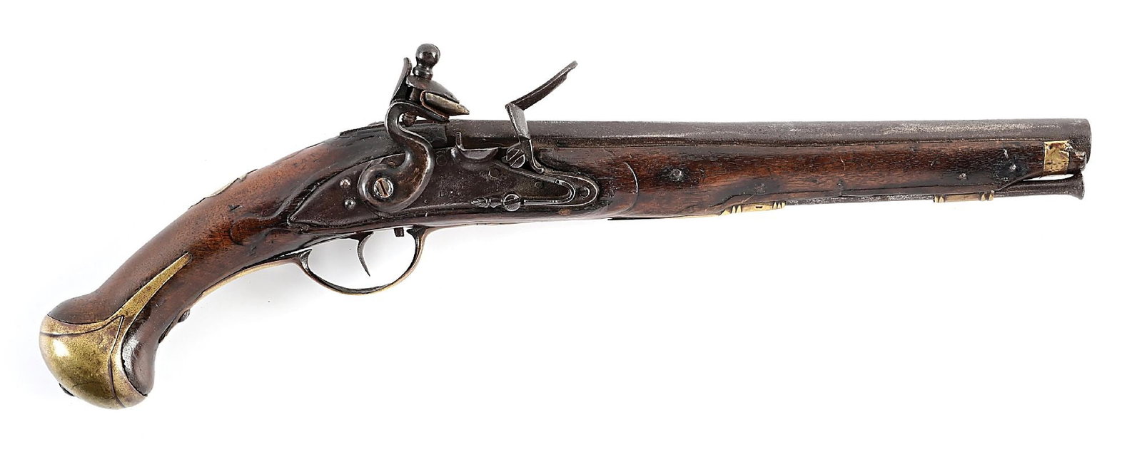 (A) REVOLUTIONARY WAR ERA SPANISH PATTERN 1753 FLINTLOCK CAVALRY PISTOL DATED 1780.: Octagon barrel transitioning to round with crown over "G" proof on left side of breech. Lockplate with convex tail section. Center marked "1780 / DV" Standard brass Model 1753 furniture. Walnut stock