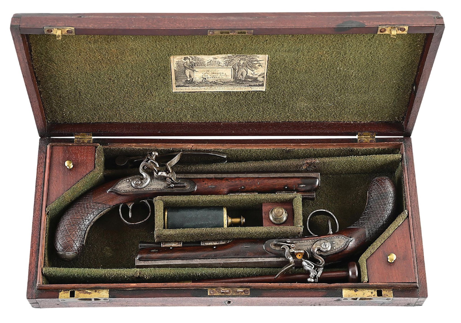 (A) LOT OF 2: CASED PAIR OF IRISH FLINTLOCK PISTOLS BY FOWLER: Splendid pair of Thomas Fowler Dublin-made flintlock gentleman's or officer's pistols in their wool lined partitioned presentation case with makers label. Circa 1810, octagonal barrels of Damascened t