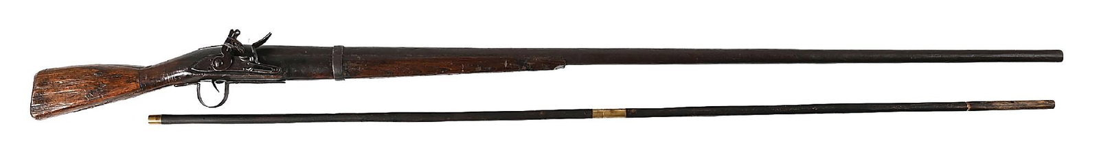 (A) BRITISH 6 BORE FLINTLOCK PUNT GUN: This massive and interesting punt gun was assembled circa late 18th century or early 19th century. The 67 - 1/2" barrel has a pair of London Tower crown over crossed scepter private proofs used circa