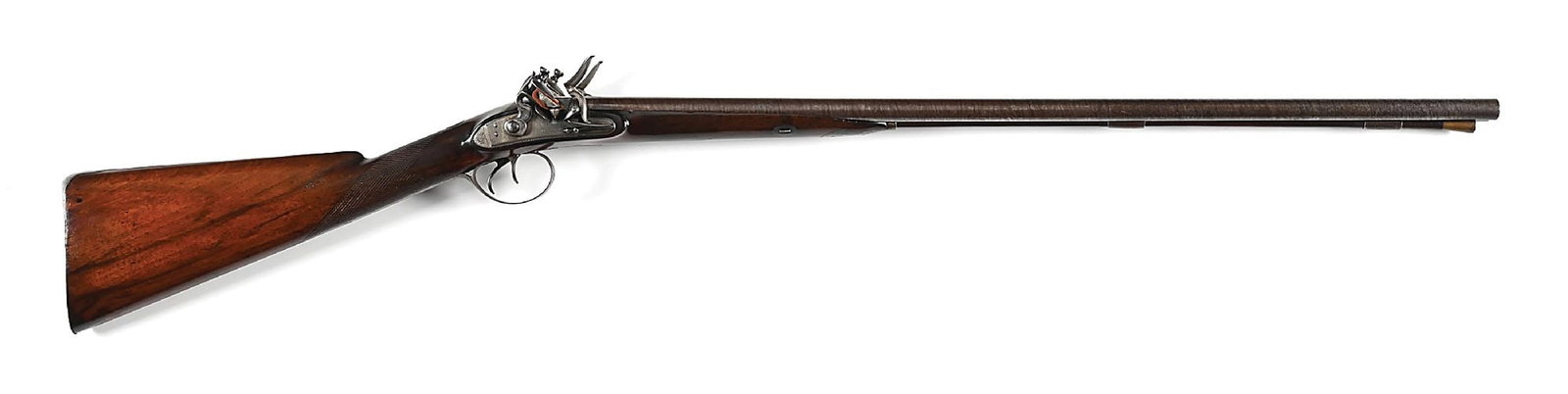 (A) CASED JOSEPH MANTON FLINTLOCK SIDE BY SIDE 20 BORE SHOTGUN: Circa 1800. 30" stub twist barrels with unmarked sunken rib and early London gunmakers proofs on bottoms. Inset patent breeches have gold poincons and bands on tops, SNs on bottoms. Touch holes are go