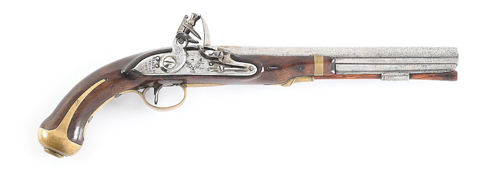 (A) U.S. MODEL 1805 HARPERS FERRY FLINTLOCK PISTOL 151 DATED 1807.: The Model 1805 pistol was the first American military handgun produced by a national armory. There were 4,096 guns made from 1806-1808 and they were issued in pairs with the same SN. This is a nice ea