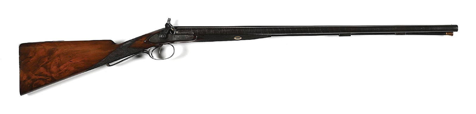 (A) CASED MANTON 14 BORE PERCUSSION SIDE BY SIDE GAME GUN: 29 - 1/2" Skelp twist barrels are engraved “Joseph Manton Hanover Square London” on elevated top rib. Bottoms of barrels are stamped with London proofs, SN, and “CL” (Charles L