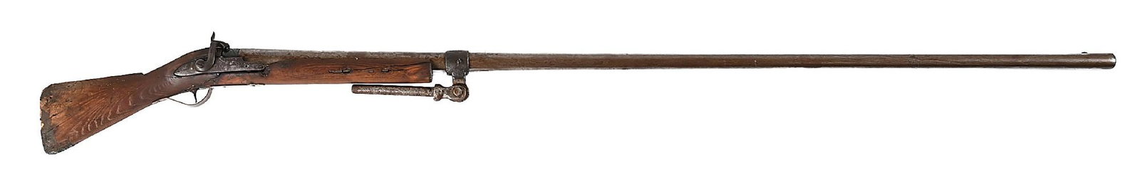 (A) HUGE 4 BORE PERCUSSION MARKET PUNT GUN WITH PINTEL MOUNT: This interesting assembled market hunting punt gun was imported from England in 2012. It appears to have been assembled in the 19th century from a wide variety of parts and is unsigned. The 6-foot-lon