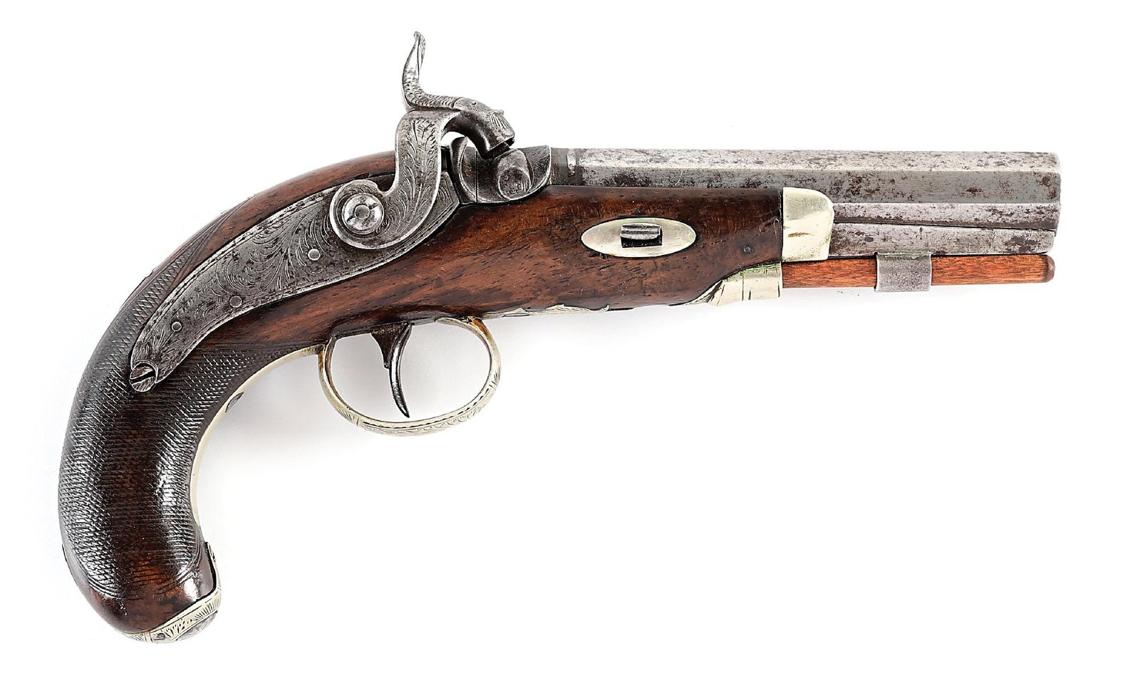 (A) INCREDIBLY RARE VALENTINE GW LIBEAU NEW ORLEANS PERCUSSION DERRINGER.: Valentine G.W. Libeau was a talented gunsmith based in New Orleans beginning around 1830 through 1848. He was known for making percussion derringers in the style of Henry Deringer but in a mere fracti