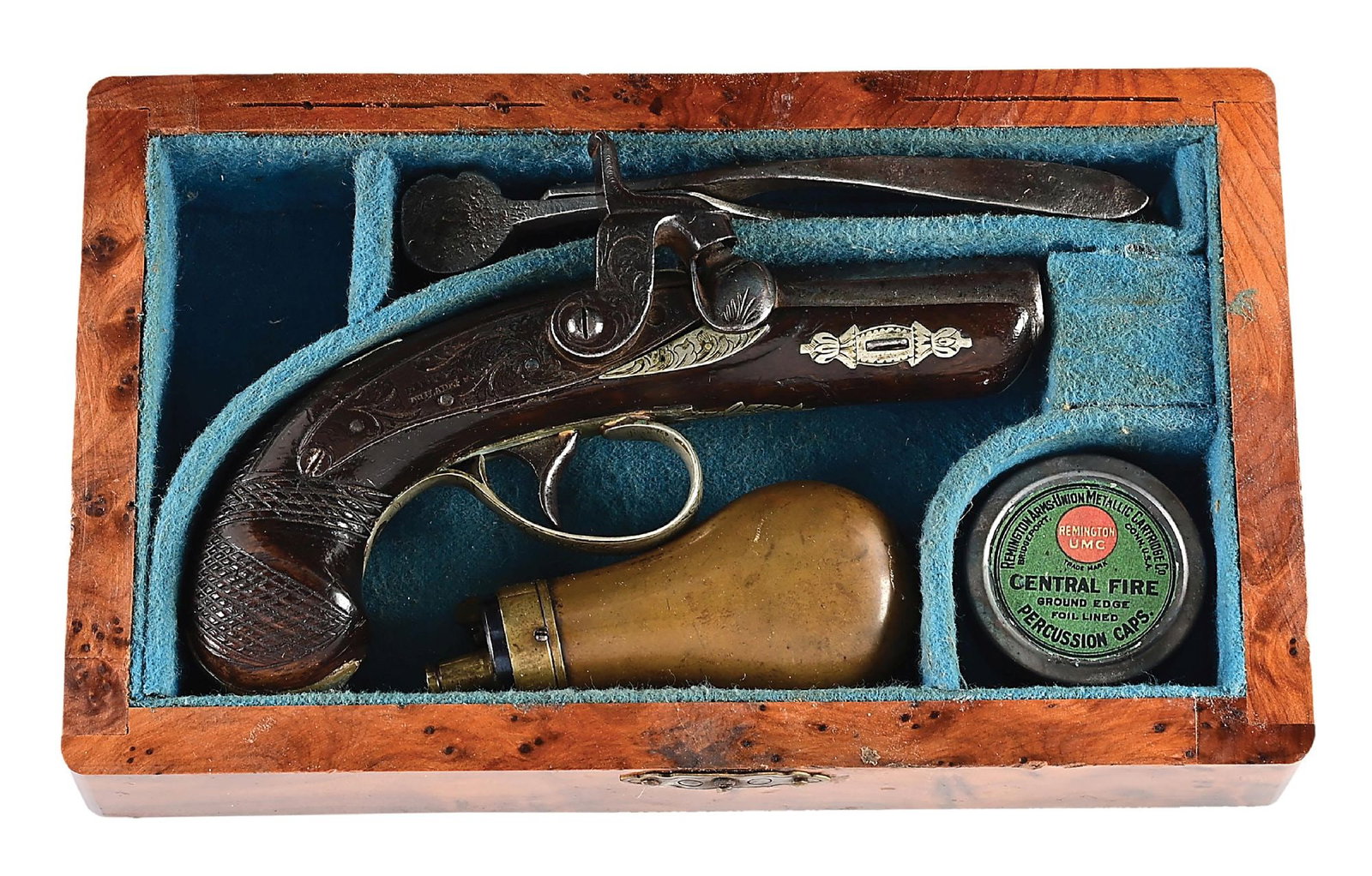 (A) T.F. GUION NEW ORLEANS AGENT MARKED PHILADELPHIA DERRINGER IN PERIOD BURL CASE: Thomas Guions "Fancy Goods" emporium on St. Charles street is not listed as an official agent of Henry Deringer in Flaydermans but he did sell numerous firearms from various makers including derringer
