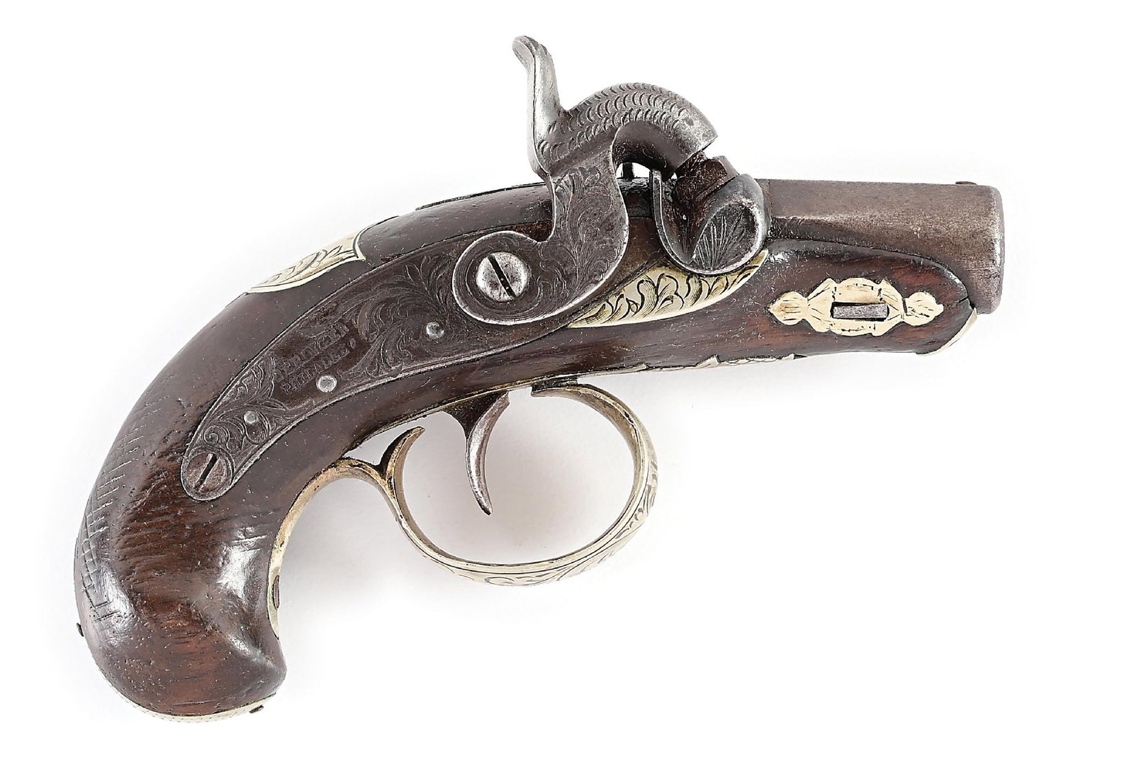 (A) A.J. PLATE SAN FRANCISO AGENT MARKED PHILADELPHIA PEANUT DERINGER PERCUSSION PISTOL.: According to Flaydermans, only 54 pairs of the Philadelphia made Henry Deringers were so stamped. Charles Schlotterbeck, a former employee of Deringer, moved to California around 1858 to work for A.J.