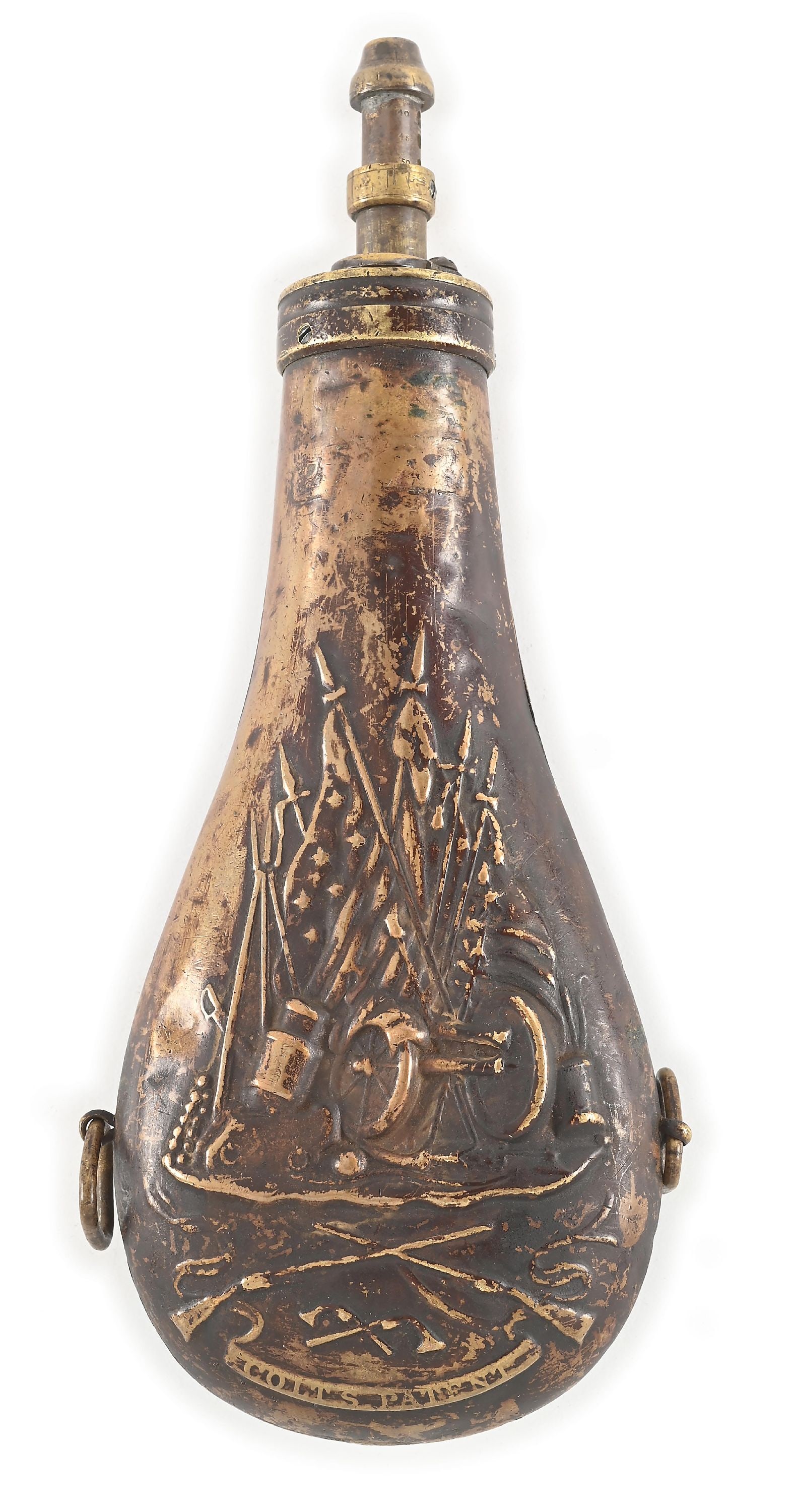 MARTIALLY STAMPED COLT DRAGOON PLUNGER TOP POWDER FLASK. (1 of 3)