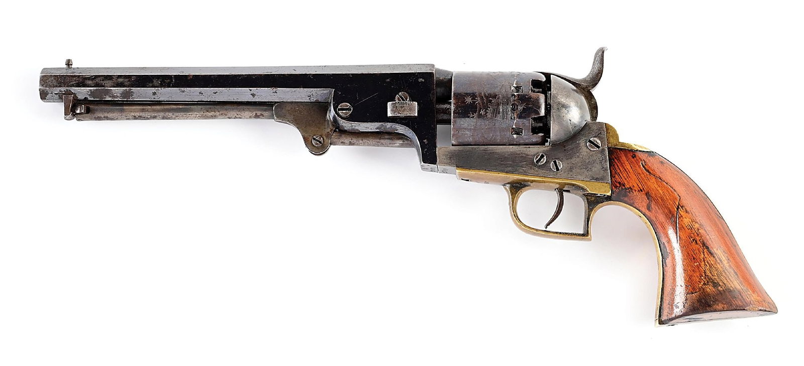 (A) FINE BELGIAN BREVETE COLT MODEL 1851 NAVY PERCUSSION REVOLVER.: Belgian Brevete Colt Model 1851 Navy with octagon barrel, case colored frame, and brass square back trigger guard. Varnished walnut grips. 6 shot non fluted cylinder with game scene of 2 hunting dogs