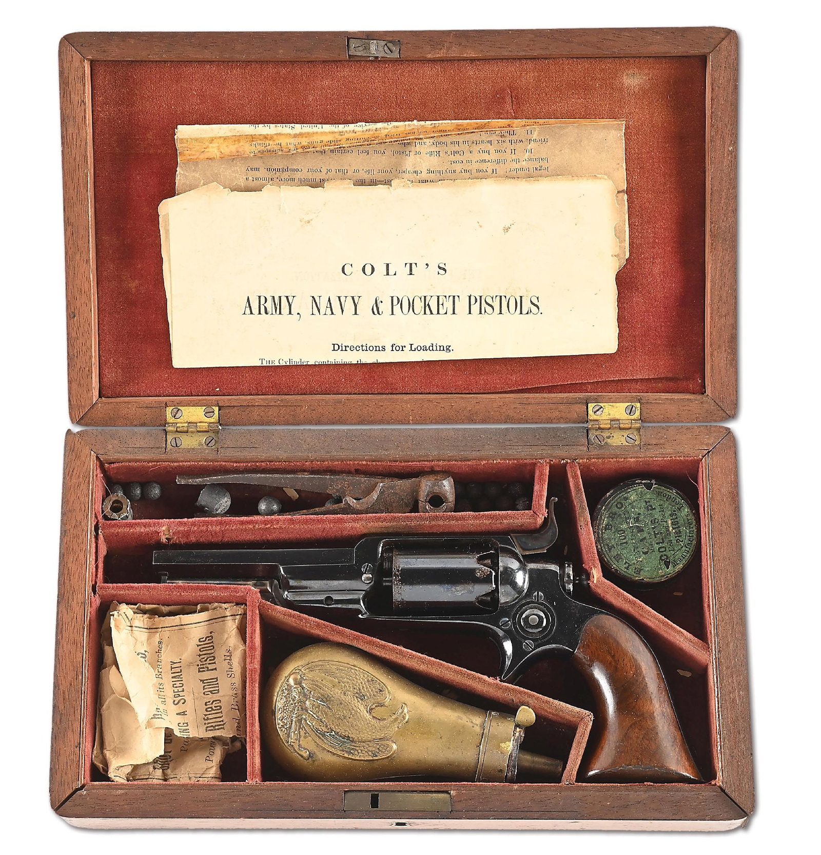 (A) CASED COLT MODEL 1855 ROOT PERCUSSION REVOLVER WITH LOADING INSTRUCTIONS.: Manufactured in 1858. Finished in high polish factory blue with case hardened loading lever and side hammer. The octagon barrel is roll marked on the top flat with 2-line address and "COLT'S PT. / 185
