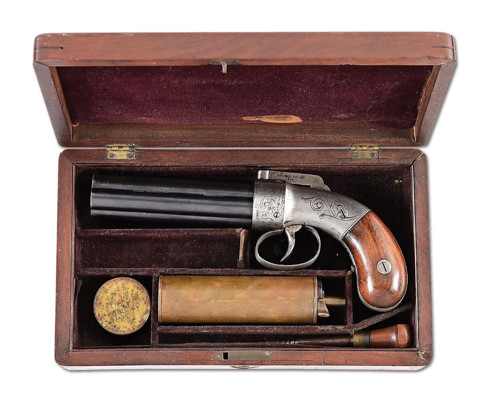 (A) FINE CASED ALLEN THURBER & CO. PERCUSSION MEDIUM FRAME PEPPERBOX REVOLVER. (1 of 12)