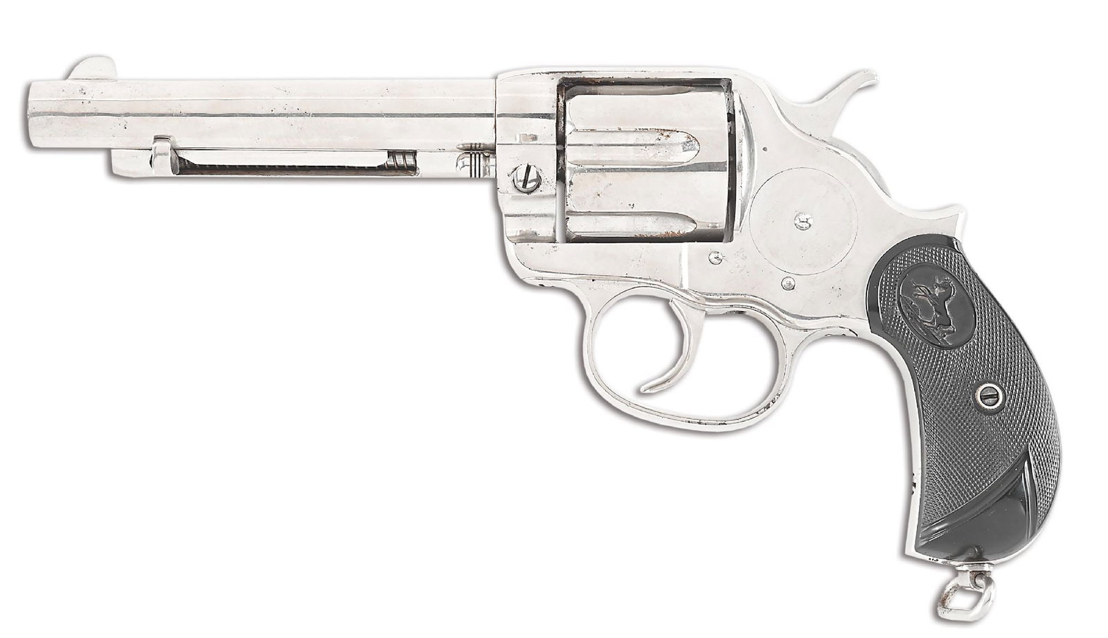 (A) COLT MODEL 1878 .44-40 DOUBLE ACTION REVOLVER (1882).: Manufactured in 1882. Attractive period nickel plating throughout. Barrel is rollmarked with a faint 2-line address. Blade front sight and frame notch rear. Bird's head butt with lanyard loop. Crisp 2