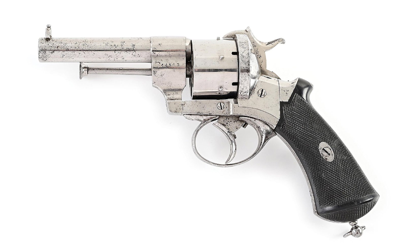(A) EBONY STOCKED LEFAUCHEUX MODEL 1862 11MM PINFIRE TRIPLE ACTION REVOLVER.: French Lefaucheux revolver with scarce Triple Action operation. 6 shot non fluted cylinder with blade front sight and grooved hammer as rear sight. Bright metal finished with finely checkered 2 piece