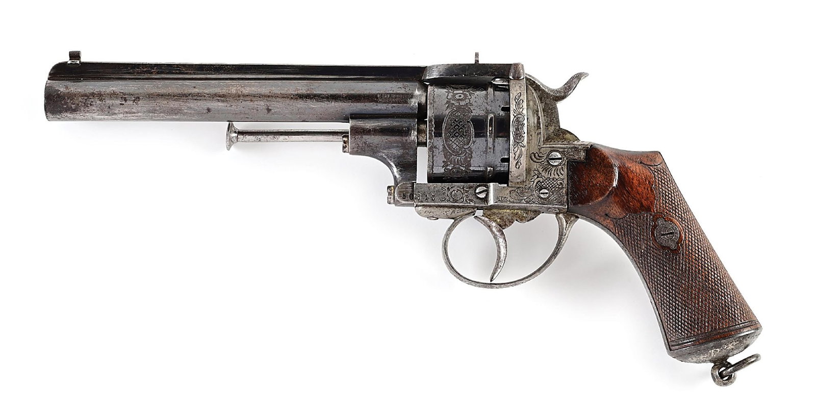 (A) ENGRAVED PIRLOT FRERES LEFAUCHEUX SYSTEM JANSEN DOUBLE ACTION PINFIRE REVOLVER.: Engraved Lefaucheux 11mm Pinfire revolver manufactured by Pirlot Freres and retailed by Jansen. Solid rib barrel with drift adjustable front sight and fixed rear sight. Varnished checkered 2 piece wal