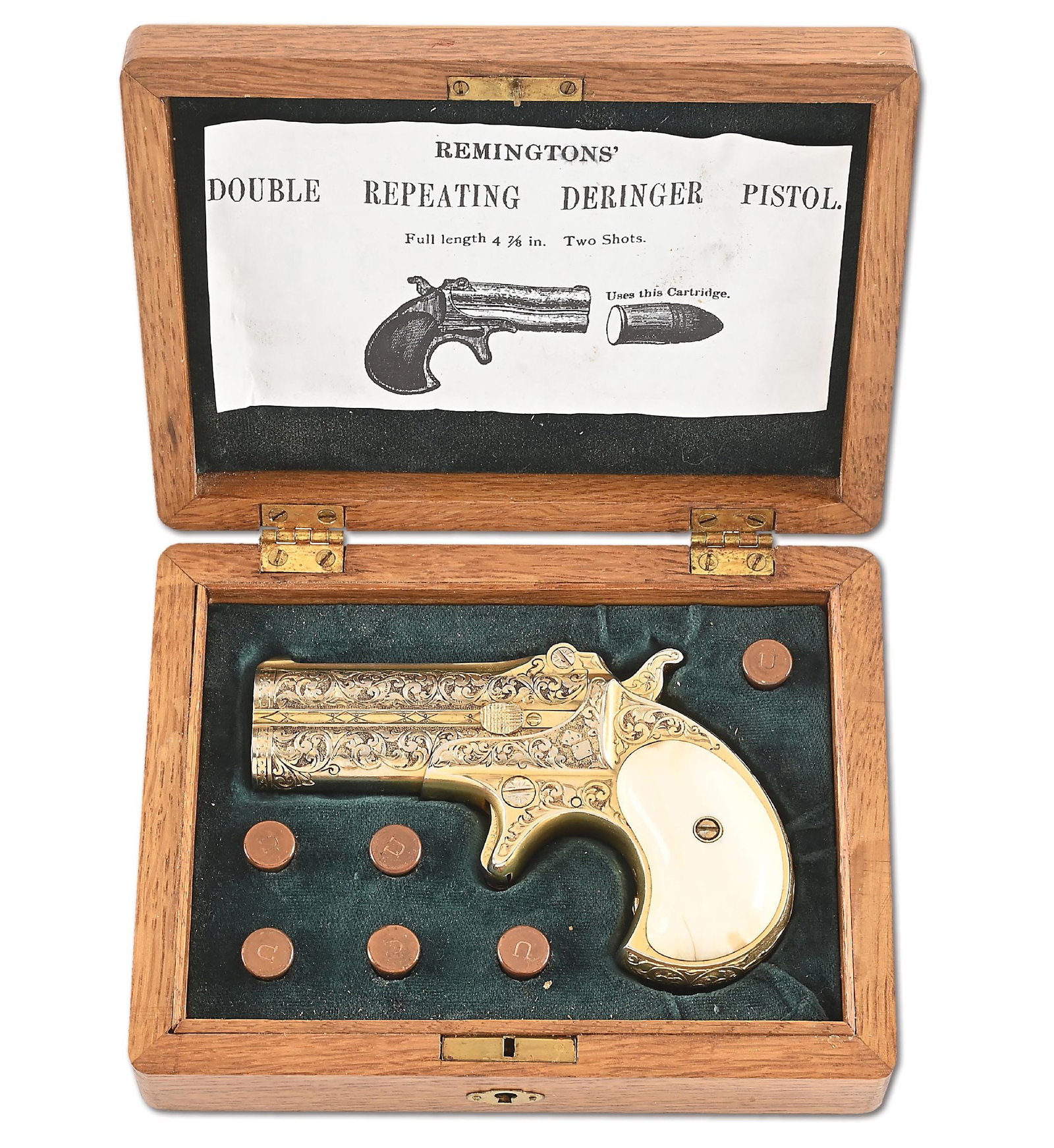 (C) CONDON ENGRAVED REMINGTON MODEL 95 .41 RF DOUBLE DERINGER IN CASE.: This Type III pistol was original manufactured circa 1912-1935, and has been wonderfully upgraded in classic flashy Las Vegas style by the storied "engraver of the stars" Joe Condon, as is signed "ENG