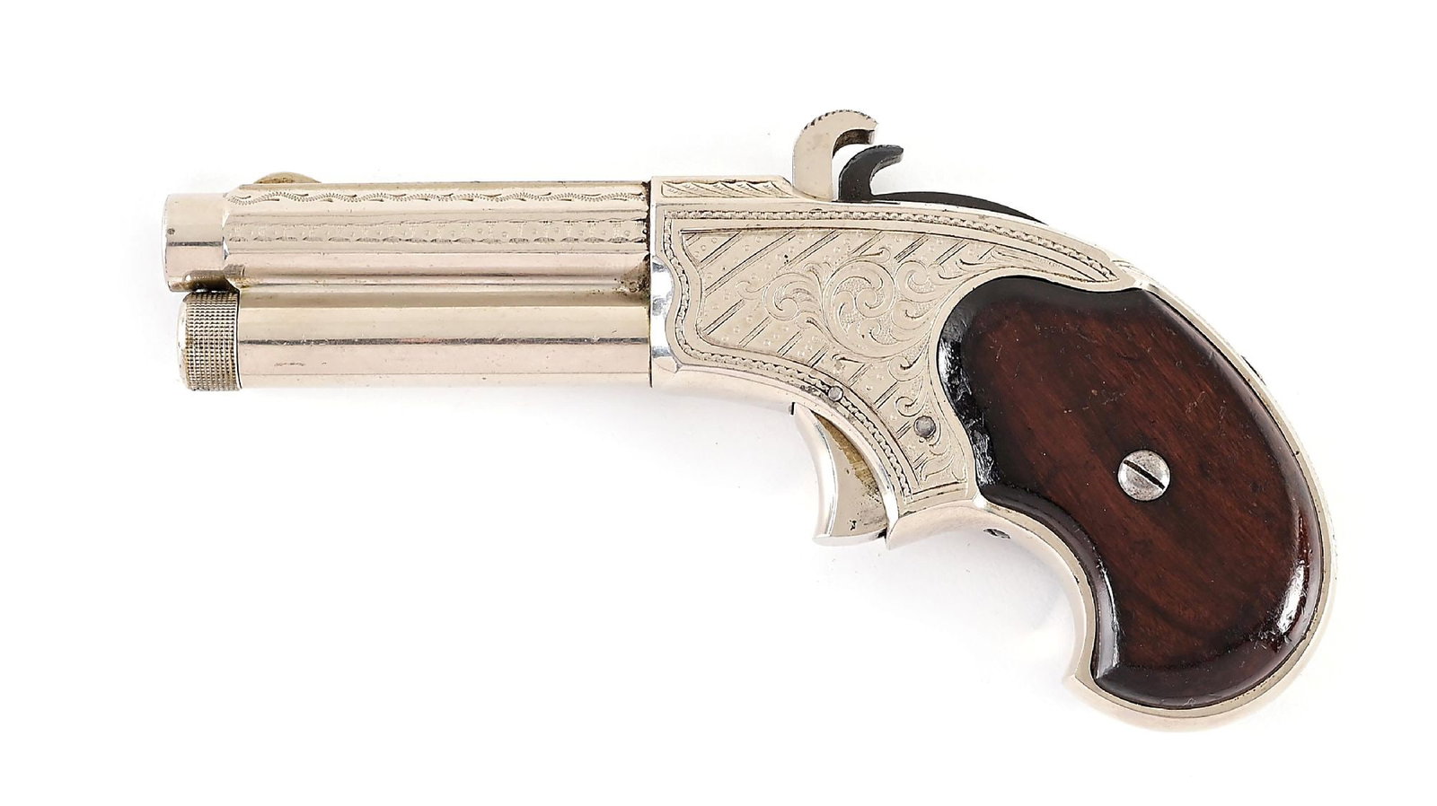 (A) EXQUISITE ENGRAVED AND PLATED REMINGTON RIDER SINGLE ACTION PISTOL.: These were produced from 1871 through 1888. It is an under barrel magazine fed pistol with exposed hammer, case color frame, spur trigger and walnut grip panels. The top of the octagon barrel exhibits