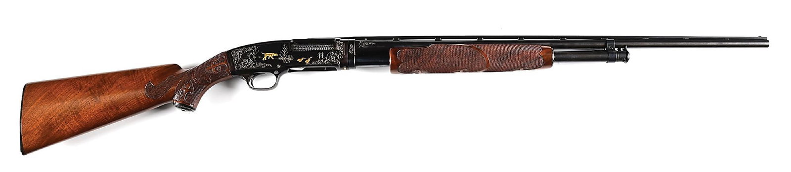 (C) NICK KUSMIT ATTRIBUTED ENGRAVED WINCHESTER MODEL 42 SKEET SLIDE ACTION .410 SHOTGUN.: Winchester Model 42 in .410 with Skeet choke, 26" vent rib barrel, and 3" chamber. Gold inlaid game scene engraved with hunting dog & quail vignettes in upland scenes surrounded by scroll with a dot p