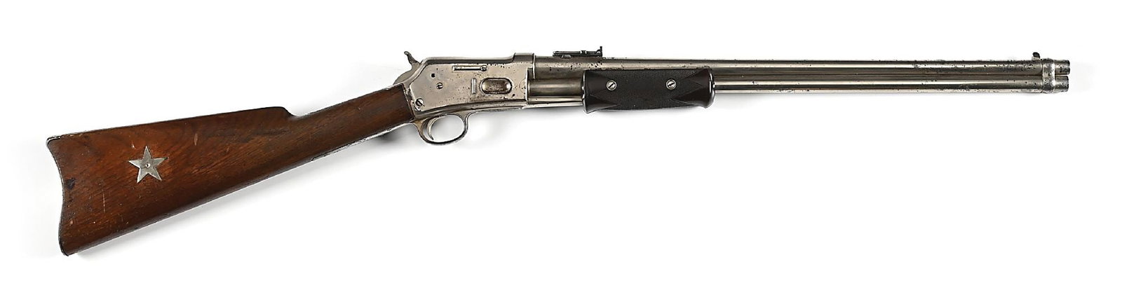 (A) COLT LIGHTNING MEDIUM FRAME .44 SLIDE ACTION BABY CARBINE.: Rare and desired. Manufactured in 1884, the first year of production. Nickel plated finish throughout. Rare lightweight profile carbine barrel with full length magazine tube, blade front sight, ladder