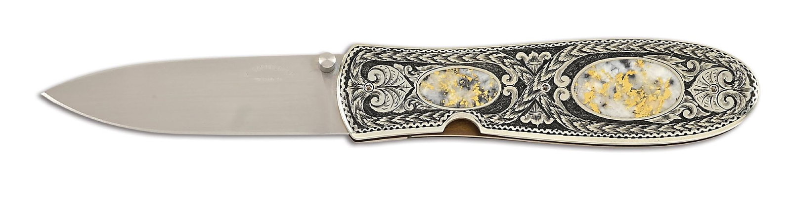 JIM SORNBERGER SAN FRANCISCO STYLE BLACK DIAMOND FOLDER.: Jim Sornberger San Francisco style Black Diamond folder that features an ATS-34 steel blade marked "J. SORNBERGER / VOLCANO CA". The handle features fully engraved nickel silver sideplates with Black