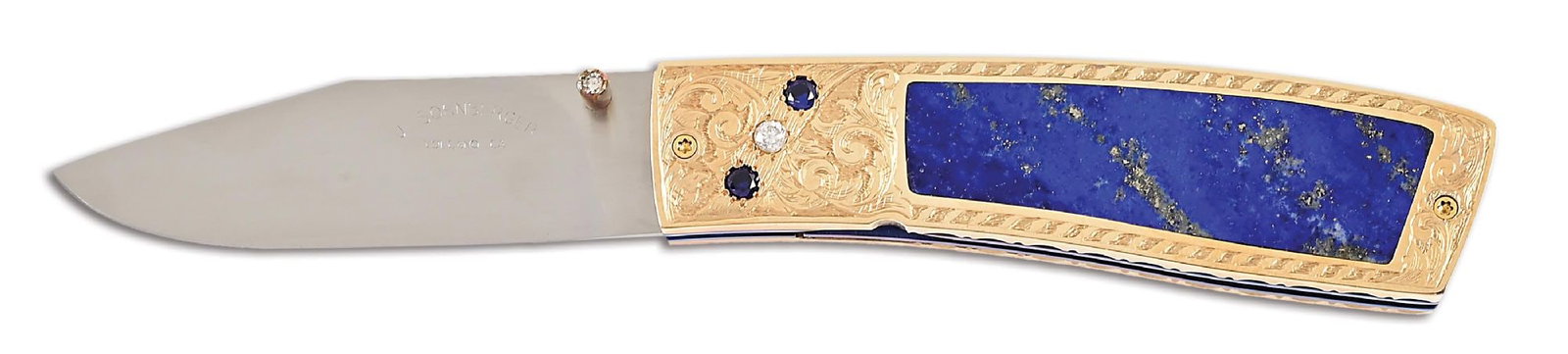 JIM SORNBERGER GOLD AND LAPIS LAZULI LINERLOCK KNIFE. (1 of 7)