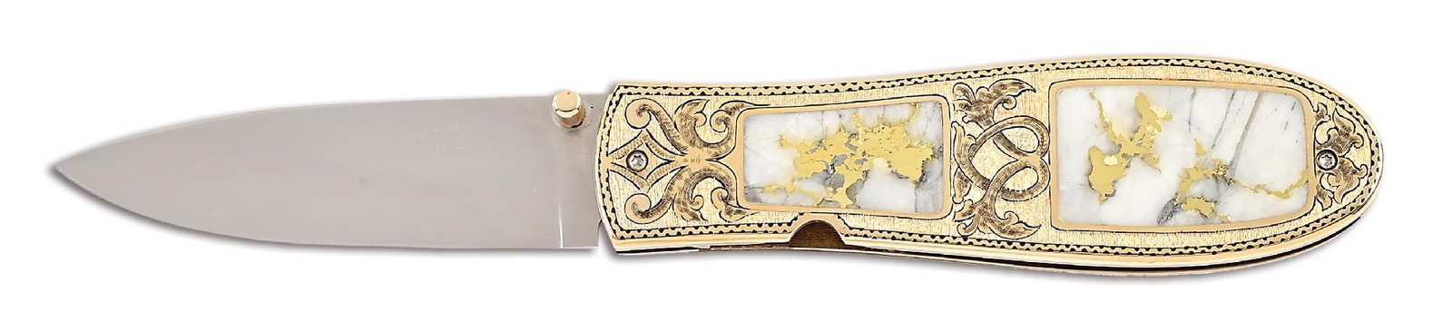 JIM SORNBERGER CALIFORNIA GOLD QUARTZ LINERLOCK FOLDER.: Jim Sornberger California style gold quartz folder that features an ATS-34 steel blade marked "J. SORNBERGER / VOLCANO CA". Gold thumb stud. Fully engraved 14k gold frame and sideplates with Sixteen t
