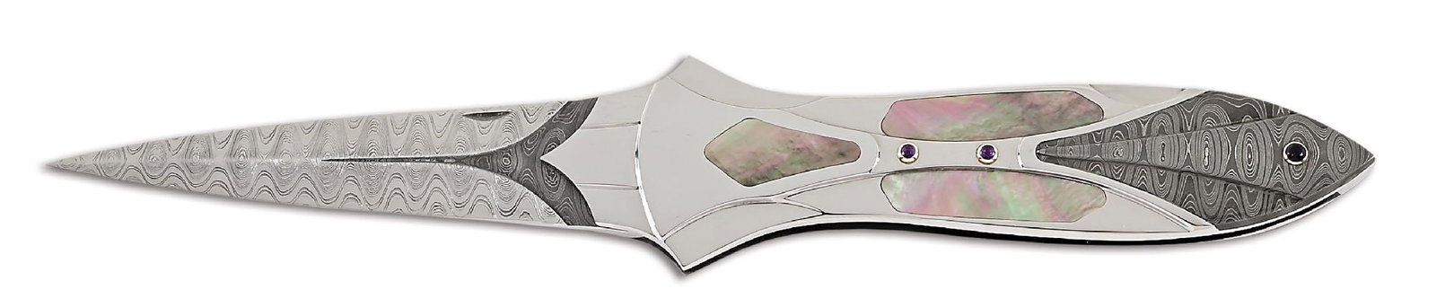 RON BEST BLACK LIP PEARL CUSTOM INTERFRAME LOCKKBACK KNIFE.: Ron Best custom interframe lock back dagger that features a polished carved and differentially etched Mike Norris stainless Damascus blade. Nail nick assist. Mirror polished carved 416 stainless steel
