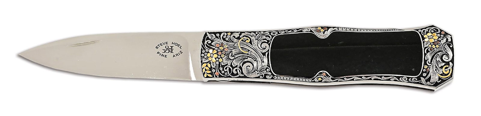 STEVE HOEL CUSTOM BLACK EDWARDS JADE COKE BOTTLE LOCKBACK ENGRAVED BY CJ CAI.: Steve Hoel custom ornate coke bottle lockback folder that features a hand rubbed satin finished ATS-34 drop point blade with nail nick assist marked "STEVE HOEL / PINE ARIZ". 416 stainless steel frame
