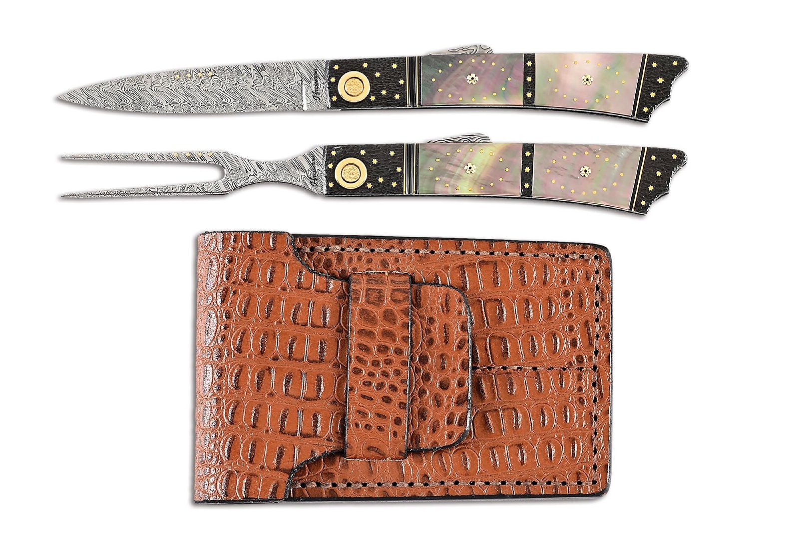 HOWARD HITCHMOUGH CUSTOM FORK AND KNIFE SET WITH PEARL AND GOLD EMBELLISHMENT.: Howard Hitchmough custom fork and knife set, both of which feature Damasteel Damascus blades with gold beaded assist. Blue textured Damasteel frame with gold inlays in the form of star designs. Black