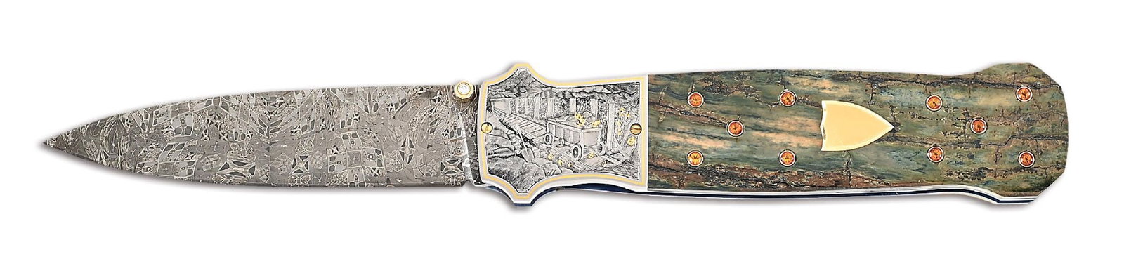 W.D. PEASE ENGRAVED GOLD RUSH THEMED LINER LOCK PRICE DAGGER. (1 of 8)