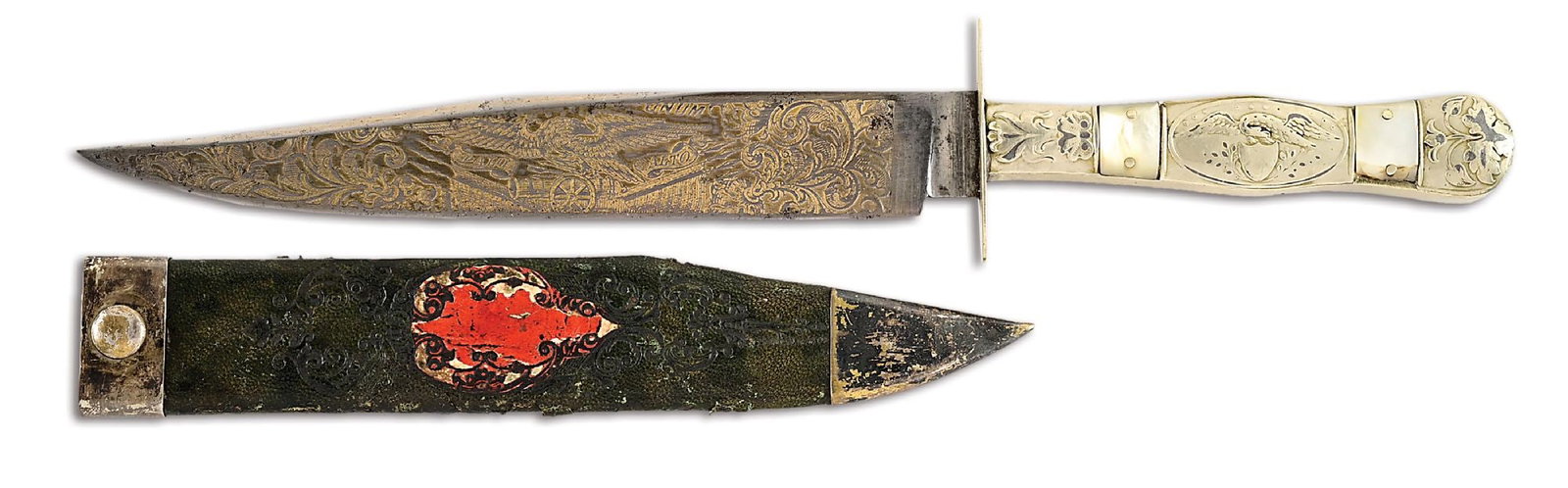 UNMARKED SHEFFIELD BOWIE KNIFE WITH SUPERB MEXICAN WAR ETCHING. (1 of 11)