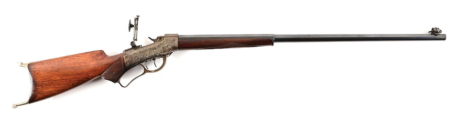 (A) MARLIN BALLARD NO. 8 UNION HILL SINGLE SHOT RIFLE IN .32-40.: Manufactured 1884-1890. Blued octagon to round barrel with globe front sight and tang mounted short range Vernier aperture sight. Case hardened falling block action with double set triggers and full l