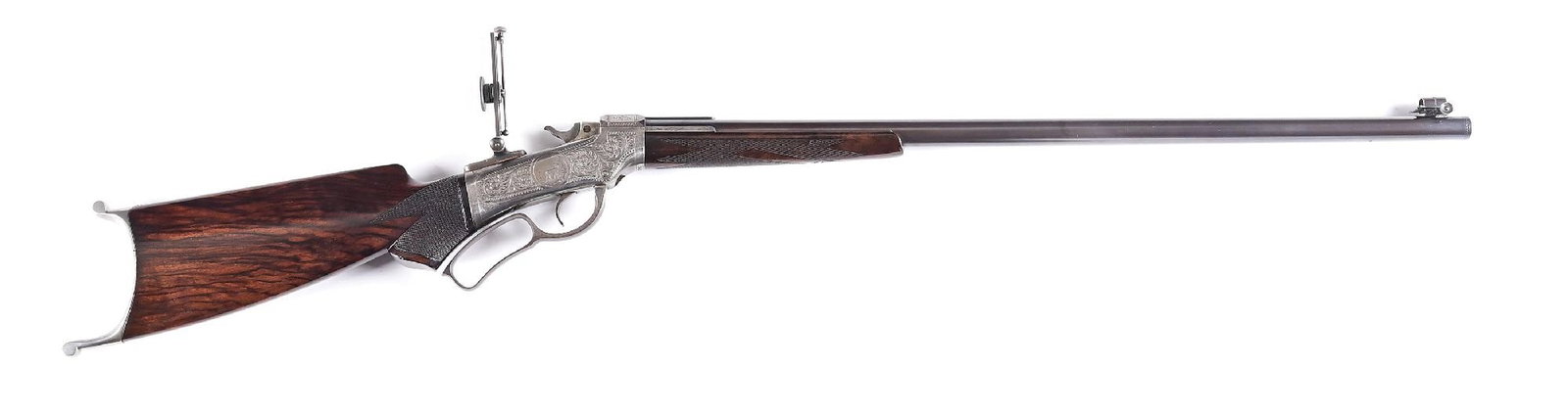 (A) FACTORY ENGRAVED MARLIN BALLARD NO. 6 - 1/2 OFF-HAND SINGLE SHOT RIFLE.: Manufactured circa 1883 to 1891. Blued Rigby style round barrel with engraved ribs at the breech, the top rib is engraved "BALLARD" in a flowing banner with arrow motif. Globe front sight and Vernier